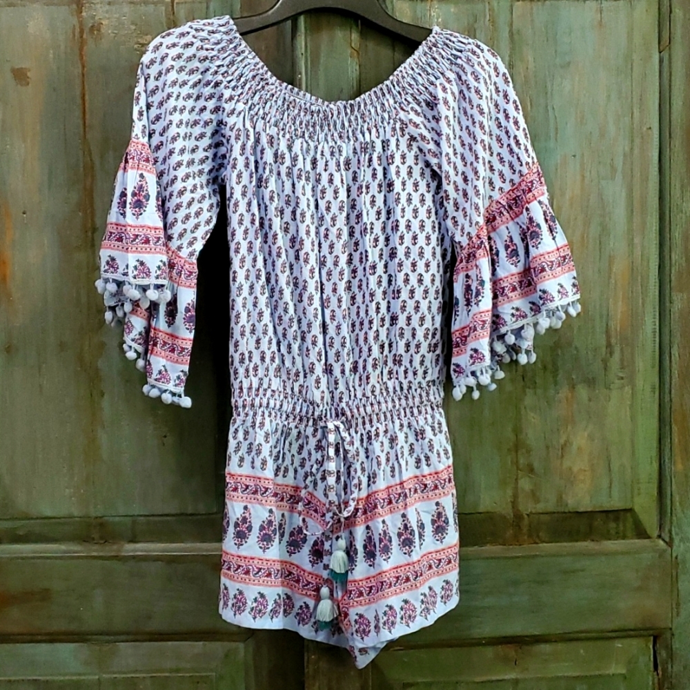 Raga Womens Kassie Pom Pom Romper Boho Floral Off The Shoulder, Size Small,NWOT